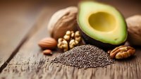 Healthy fats and omega sources including fresh avocado, chia seeds, walnuts and almonds on rustic wooden background. For nutrition and diet concepts.