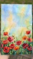 Watercolor painting of vibrant red and orange poppies in meadow with soft blue sky background for spring greeting cards and botanical wall art.