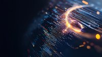 Digital data stream with glowing particles flowing through binary code and circuit patterns, representing technology, artificial intelligence, and information processing for tech backgrounds and digital innovation concepts.