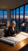 Senior female architect with gray hair and glasses reviewing blueprints at wooden desk in high-rise office during twilight, cityscape visible through floor-to-ceiling windows, professional workspace.