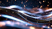 Abstract glowing waves with golden sparkles and bokeh effects on dark background create magical flowing light pattern for luxury designs and backgrounds.