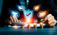 Businessman using tablet with cybersecurity shield and digital protection icons. Corporate data security and online safety technology concept for business.