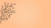 Bare tree branches with hanging lantern and crescent moon on peachy background, isolated design element for autumn, halloween, and seasonal projects.