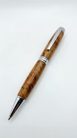 Elegant ballpoint pen with burled wood barrel and chrome accents, isolated on white background. Suitable for office supplies, luxury stationery, and corporate gift designs.