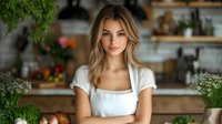 Young woman with long blonde hair and fair complexion wearing white short-sleeved top in modern kitchen with plants and shelving, suitable for lifestyle, wellness, and home decor content.