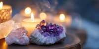 Purple amethyst crystals with burning candles creating peaceful meditation atmosphere for spiritual healing and wellness practices.