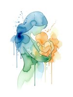 Watercolor mother holding baby in tender embrace with flowing paint drips and splashes on white background for motherhood designs.