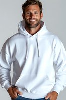 Confident Caucasian male model with stubble beard wearing white hoodie sweatshirt and jeans against light background, showing genuine warm smile.