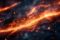 Glowing orange sparks and fire trails against dark background create dynamic abstract pattern with bokeh light effects and smoky atmosphere.