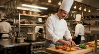 Professional male chef in white uniform and hat preparing fresh ingredients on wooden cutting board in busy commercial restaurant kitchen.