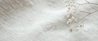 Delicate white baby's breath flowers on soft beige linen fabric texture creating minimalist natural background for wedding invitations and feminine designs.