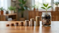 Growing money tree plant in glass jar with coins stacked beside it representing financial growth, savings, and investment success in bright home interior.