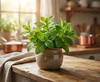 Fresh mint plant in a rustic ceramic pot on a wooden kitchen table, with warm sunlight and copper cookware in the background.