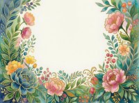 Watercolor floral frame with pink, blue, and yellow blooms, green leaves, and berries surrounding a white center for text or design.