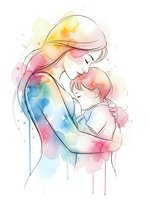 Watercolor mother embracing baby with flowing hair in rainbow hues. Tender maternal bond illustration for Mother's Day cards and family celebration designs.