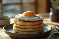 Stack of fluffy pancakes topped with sunny side up egg on ceramic plate, warm morning light streaming through window.