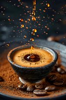 Coffee drop splashing into dark ceramic cup with fresh espresso, surrounded by roasted beans and ground coffee powder on dark background with bokeh effect.