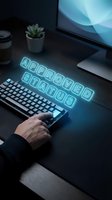 Caucasian male hand typing on illuminated keyboard with neon approved status text glowing on dark desk workspace for business applications.