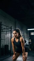 Fit woman in athletic tank top and shorts in ready position during intense workout session in modern gym facility with industrial lighting.