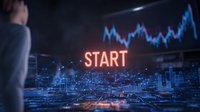 Businessman looking at glowing START text with financial chart and digital city network in dark blue background for business launch concept.
