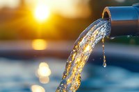 Crystal clear water stream pouring from blue pipe at sunset, creating dynamic splash with golden sunlight bokeh reflections in background, macro photography.