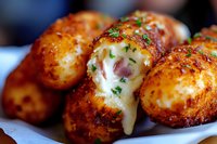 Crispy potato croquettes filled with melted cheese and ham, garnished with fresh herbs and spices, served on white napkin. Close up macro food photography.