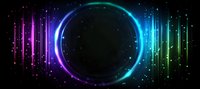 Glowing neon circle frame with colorful light effects and sparkles on dark background, rainbow spectrum from purple to blue and green with falling stars.