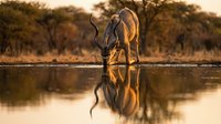 Greater kudu antelope drinking at waterhole during golden hour with perfect reflection in still water creating mirror effect in African savanna wilderness.