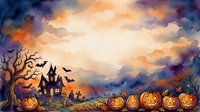Watercolor Halloween scene with glowing jack-o-lanterns, haunted house, bats, and dramatic sky, copy space for seasonal greeting cards.