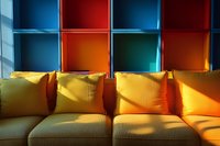 Modern living room with yellow sofa against colorful blue and red wall shelving, illuminated by warm sunlight creating dramatic shadows.