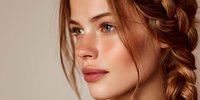 Young Caucasian woman with braided auburn hair and natural makeup looking sideways with soft lighting for beauty and skincare campaigns.