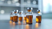 Medical glass vials with amber liquid arranged in row on reflective surface against blurred background with bokeh lights, showcasing pharmaceutical preparation.