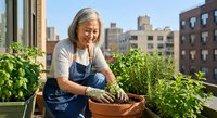 Senior Caucasian woman gardening on urban balcony, planting herbs in terracotta pot wearing apron with city buildings background for sustainable living.