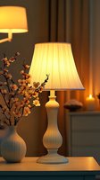 Elegant table lamp casting warm glow beside white vase with cherry blossoms, creating cozy atmosphere with candlelight in background. Suitable for interior design projects.
