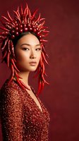Young East Asian woman wearing elaborate red chili pepper headdress and sequined garment against burgundy background. Fashion and editorial use.