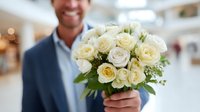 Smiling Caucasian man in blue suit holding elegant bouquet of white and cream roses with greenery, perfect for wedding or romantic occasion.