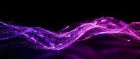 Glowing purple and magenta wave of light particles flowing across dark background, suitable for technology, digital transformation, and abstract design projects.
