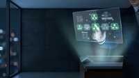 Businessman hand touching holographic display with green medical icons and healthcare symbols for digital health technology and telemedicine applications.