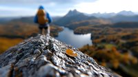 Hiker in yellow jacket overlooking mountain lake and autumn landscape from rocky summit viewpoint. Outdoor adventure in wilderness.