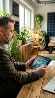 Mature businessman using tablet with carbon footprint app in modern eco-friendly office with plants, sustainable business technology concept.