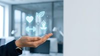 Businesswoman holding open palm with wellness icons including heart, leaf, dumbbell and meditation symbol floating above hand in modern office environment.