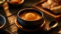 Raw egg yolk floating in hot savory broth served in traditional black ceramic bowl on rustic wooden table, atmospheric restaurant lighting creates warm ambiance.