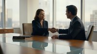 Professional businesswoman and businessman shaking hands across conference table in modern office with city skyline view during successful meeting.