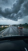 Dramatic stormy highway scene with dark clouds and rain from car dashboard perspective showing wet road conditions and vehicle traffic during severe weather.