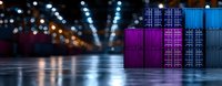 Colorful cargo containers stacked in warehouse with dramatic lighting and bokeh background, reflecting on wet floor. Industrial logistics concept.