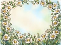 Watercolor daisy floral frame with soft pastel background, white chamomile flowers and green leaves forming a border with copy space.