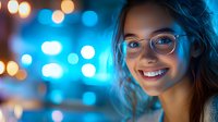 Young Hispanic woman with glasses smiling against blurred blue and orange bokeh lights background, expressing joy and confidence in evening atmosphere.