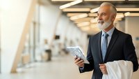 Confident mature businessman with gray beard holding tablet in modern office corridor, professional executive planning strategy for corporate success.