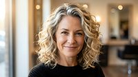Confident mature blonde woman with curly hair smiling warmly in modern office environment, professional business portrait for corporate communications.