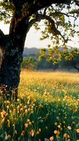 Serene spring landscape with golden wildflowers meadow at sunset, featuring a majestic old oak tree trunk in foreground and misty mountains in background, perfect for nature tourism promotion.